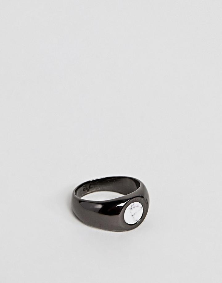 Aetherston Signet Ring In Gunmetal With White Howlite Circular Stone - Silver