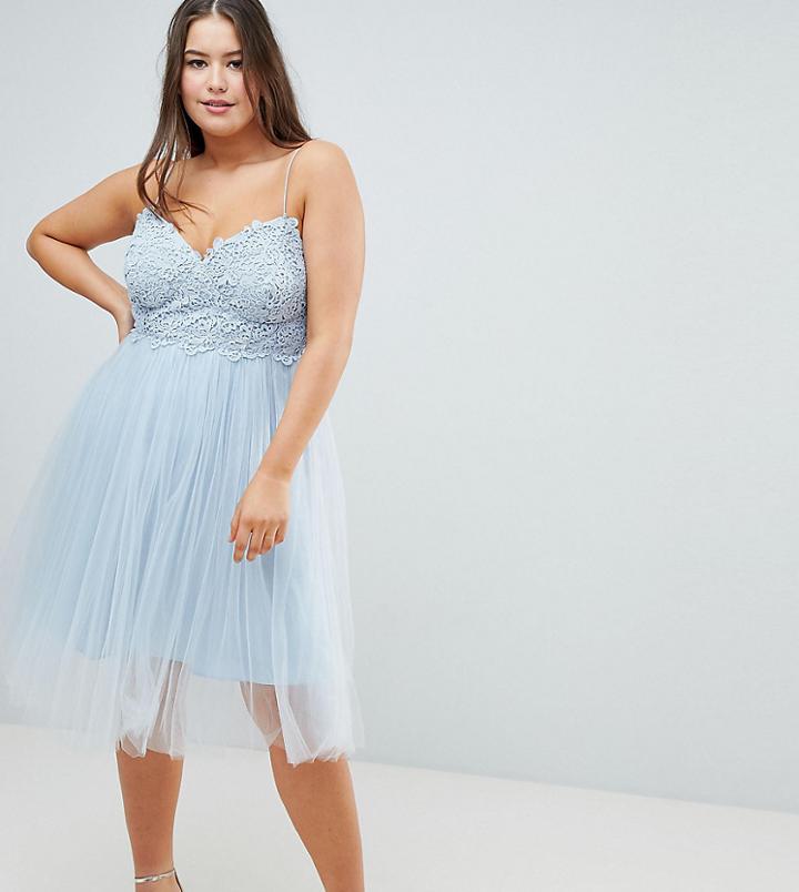 Asos Design Curve Premium Lace Cami Top Tulle Midi Dress - Blue