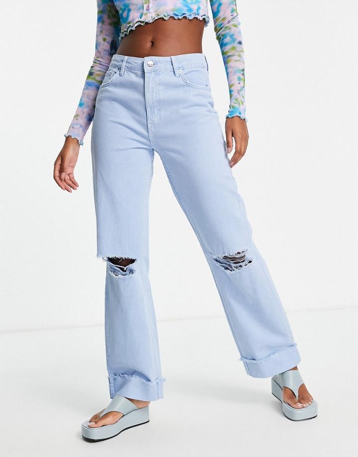 Bershka Baggy Knee Rip Detail Jean In Blue