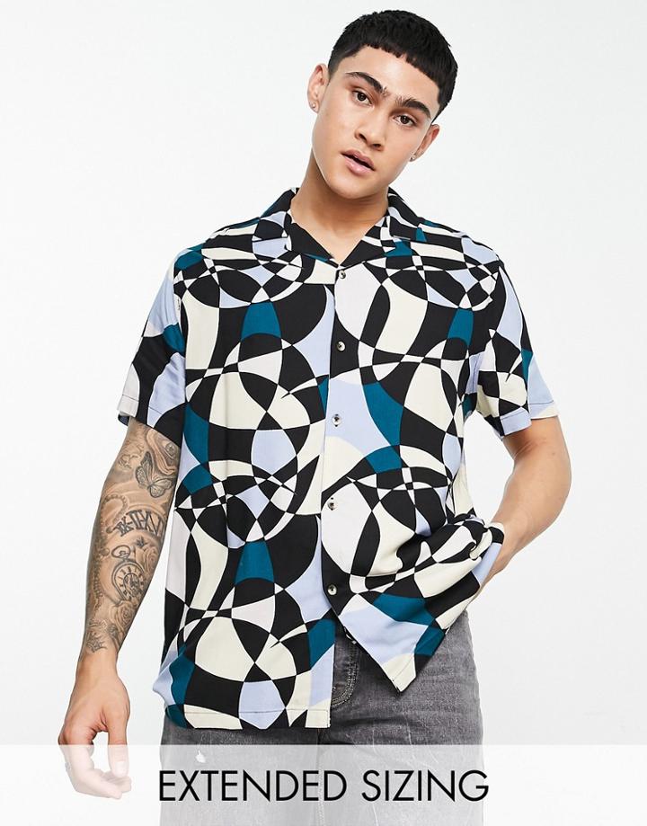 Asos Design Revere Shirt In Abstract Geo Print-blue