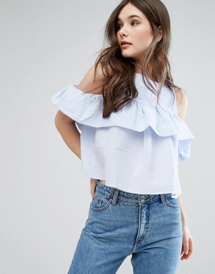 Qed London Frill Detail Stripe Top - Blue