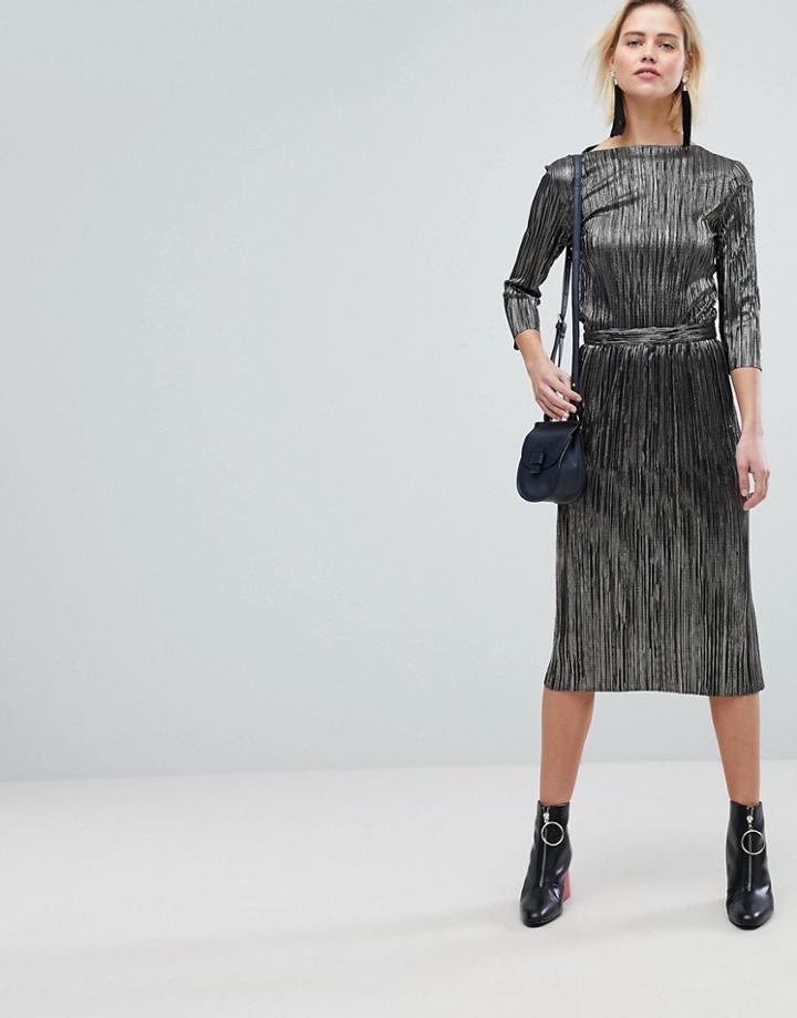 Warehouse Metallic Plisse A-line Skirt - Gold