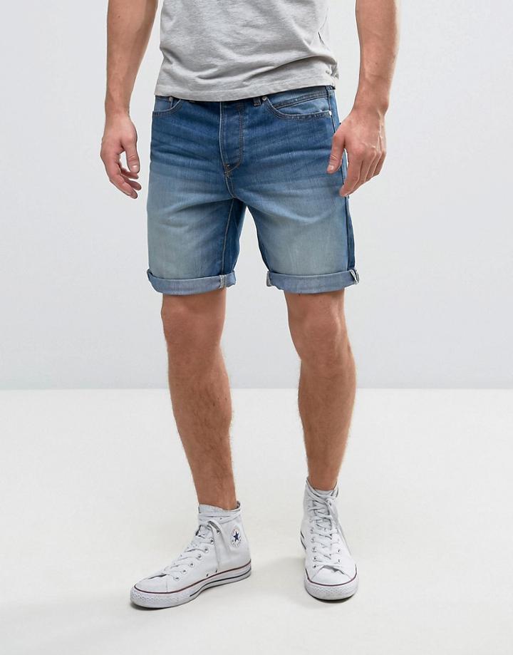 Solid Denim Shorts In Mid Blue Wash - Blue