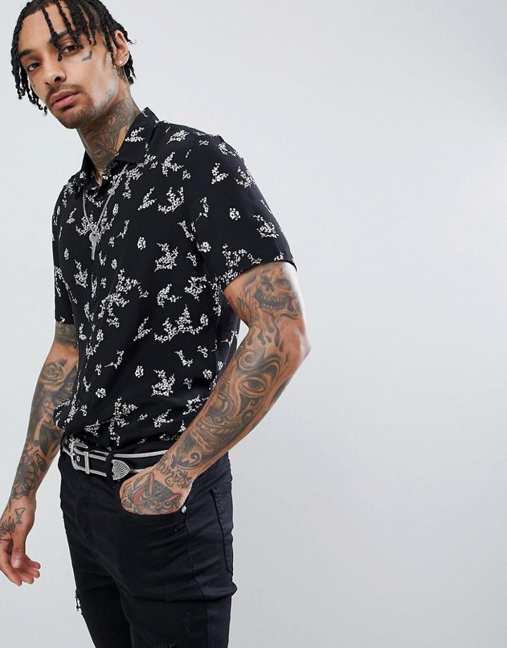 Asos Design Regular Fit Silk Floral Shirt - Black