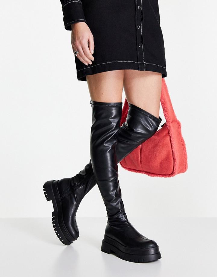Bershka Over The Knee Chunky Flat Boots In Black