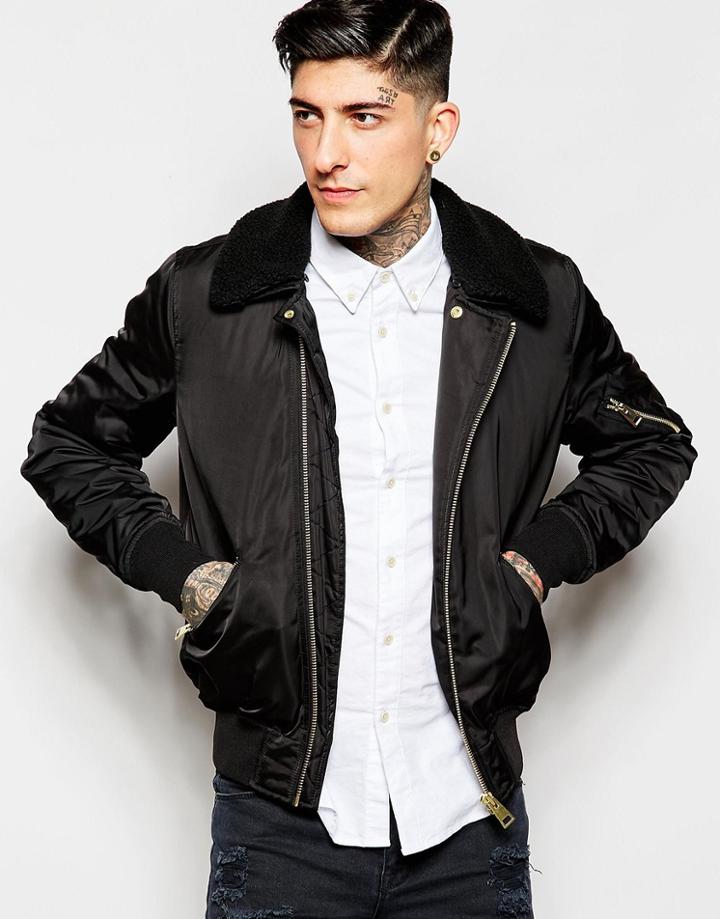Asos Bomber Jacket With Faux Shearling Collar - Black