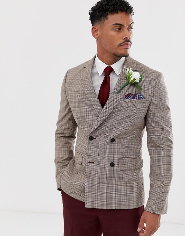 Asos Design Wedding Slim Double Breasted Check Blazer In Camel - Beige
