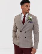 Asos Design Wedding Slim Double Breasted Check Blazer In Camel - Beige