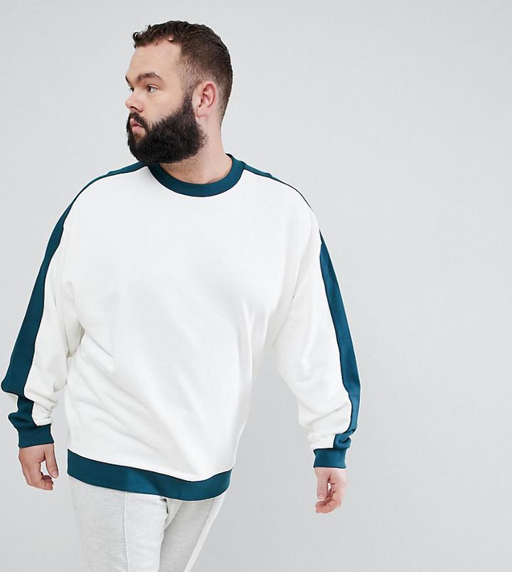 Asos Design Plus Oversized Sweatshirt In White With Contrast Sleeve Panel And Ribs - White