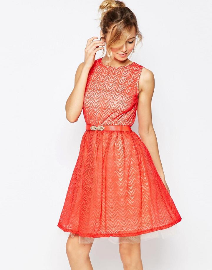 Little Mistress Skater Dress With Lace Overlay - Red
