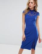 City Goddess Pencil Dress With Lace Inserts - Blue