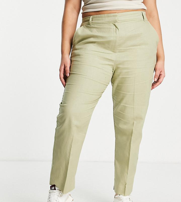 Asos Design Curve Linen Slim Skim Cigarette Pants In Olive-green