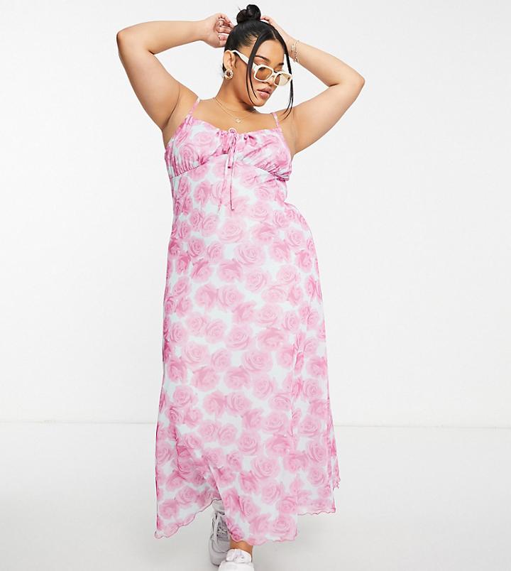 Asos Design Curve Strappy Bust Detail 90s Mesh Midi Dress In Pink Rose Print-multi