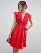 Little Mistress Plunge Ruffle Mini Dress - Red