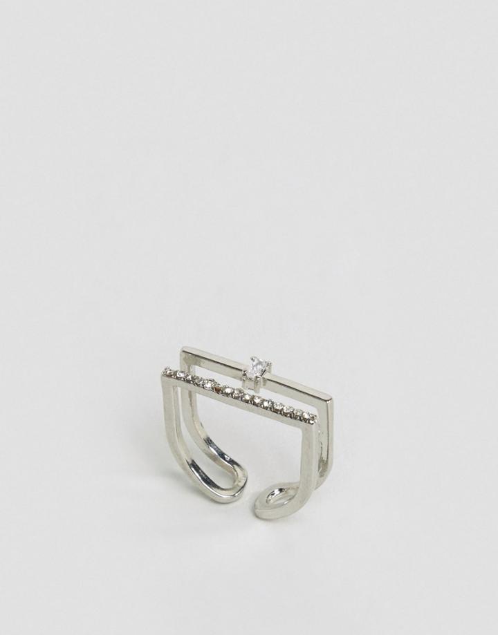 Cara Ny Rhinestone Double Row Adjustable Ring - Silver