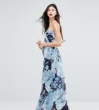 Asos Tall Wedding Chiffon Bandeau Blue Floral Printed Maxi Dress - Multi