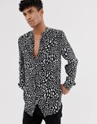 Asos Design Regular Longline Spot Shirt With Grandad Collar - Black