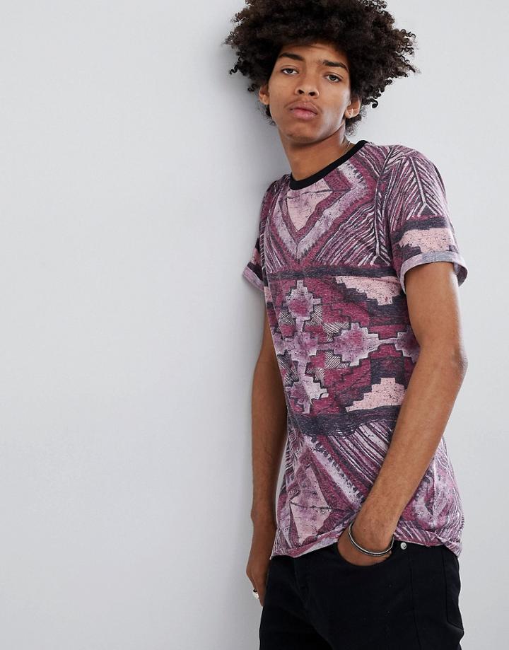 Asos Design T-shirt With All Over Geo-tribal Print In Linen Mix Fabric - Red