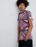 Asos Design T-shirt With All Over Geo-tribal Print In Linen Mix Fabric - Red
