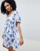 Lost Ink Mini Smock Dress With Tie Front In Bird Print-blue