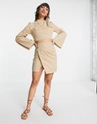 Asos Design Twill Coordinating Mini Skirt With Button Detail Top In Stone-neutral