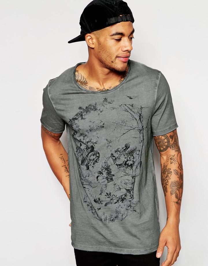 Asos Longline T-shirt With Skull Print And Pigment Wash With Raw Edges - Gray