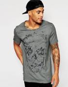 Asos Longline T-shirt With Skull Print And Pigment Wash With Raw Edges - Gray
