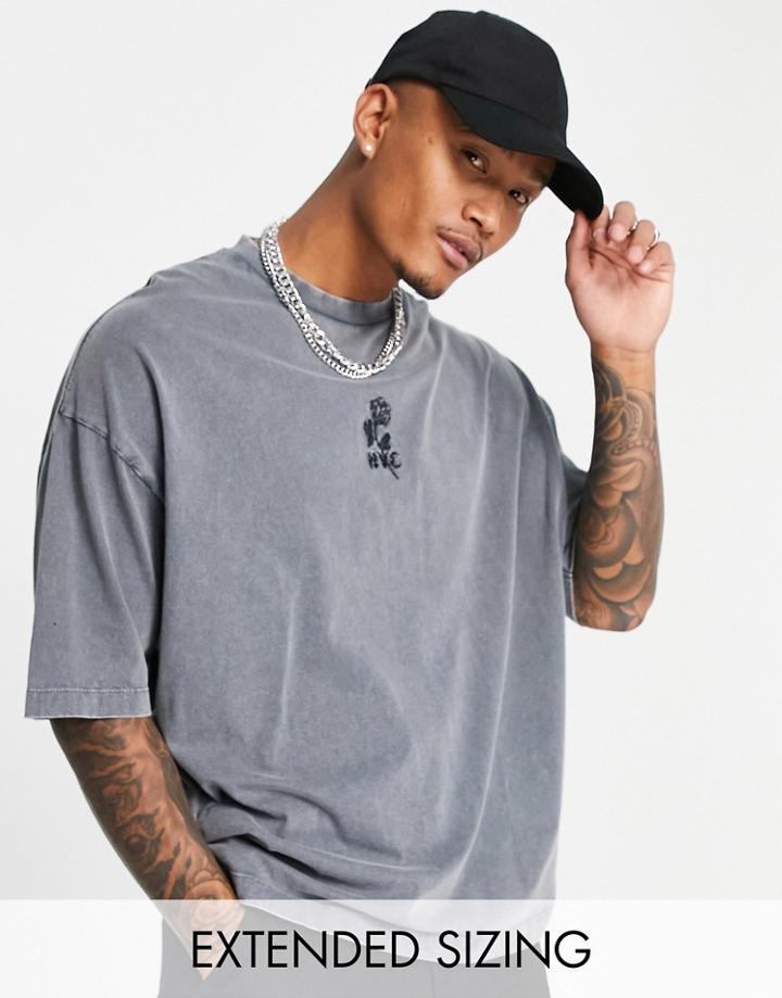 Asos Design Oversized T-shirt In Gray Acid Wash With Rose Chest Print-grey