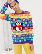 Asos Design Foundation Holidays Sweater With Embroidered Penguin - Multi