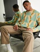 Asos Design Oversized Knitted Sweater With Geo Design In Green-multi