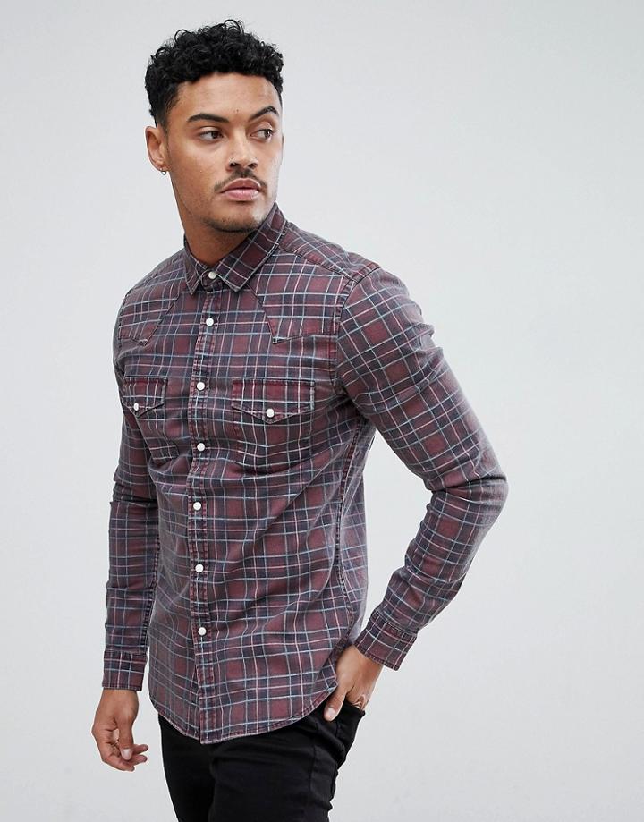 Asos Skinny Denim Western Shirt In Red - Red