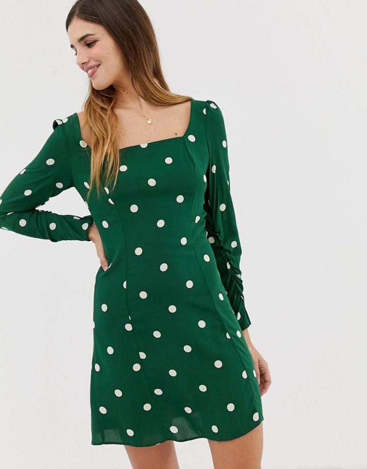 Nobody's Child Mini Dress With Square Neck In Polka Dot - Green
