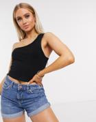 Asos Design One Shoulder Crop Top With Chunky Rib Strap In Black