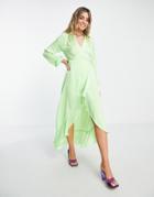 Flounce London Long Sleeve Wrap Maxi Dress In Bright Lime-green