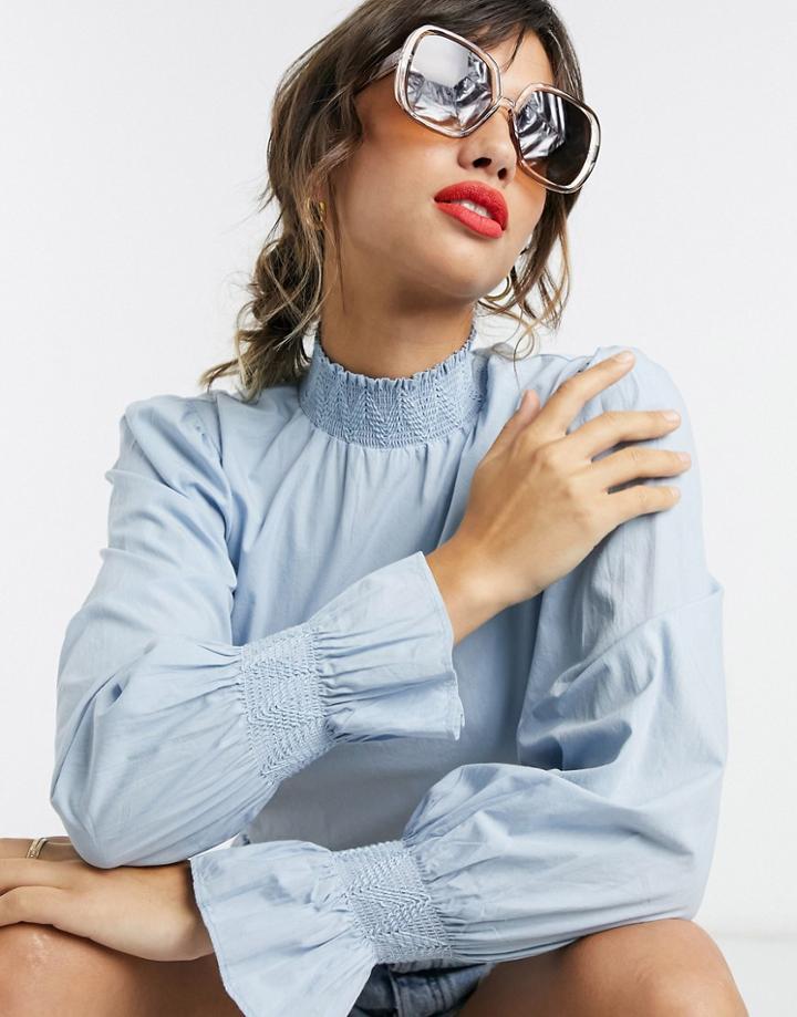 Vero Moda Poplin Top With High Neck And Cuff Detail In Blue-blues
