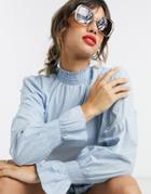 Vero Moda Poplin Top With High Neck And Cuff Detail In Blue-blues