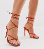 Asos Design Wide Fit Navigate Barely There Heeled Sandals In Neon Orange Snake