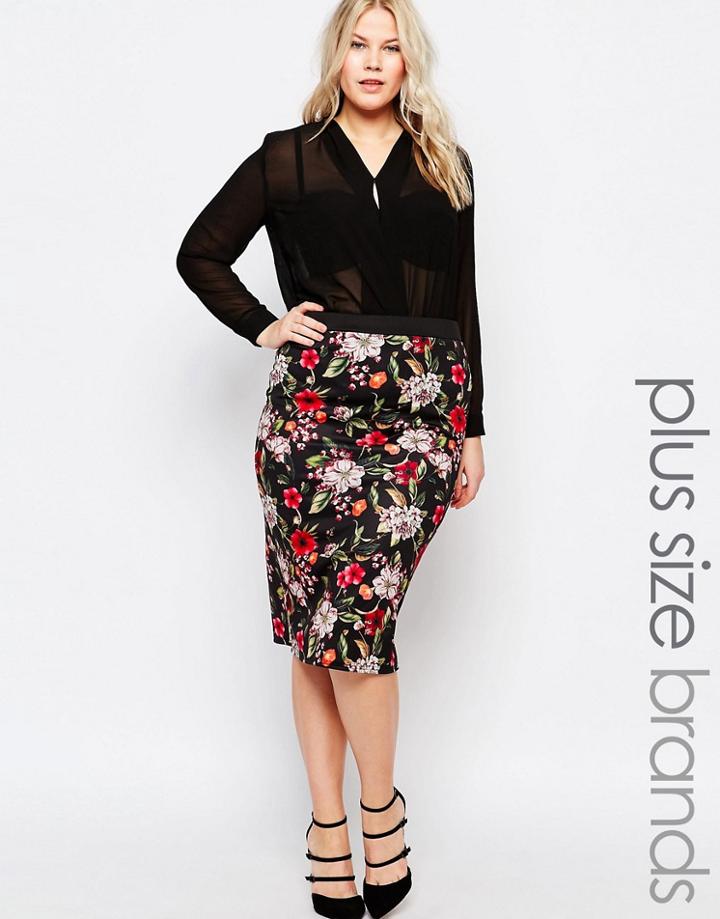 Praslin Plus Pencil Skirt In Floral Print - Black Floral