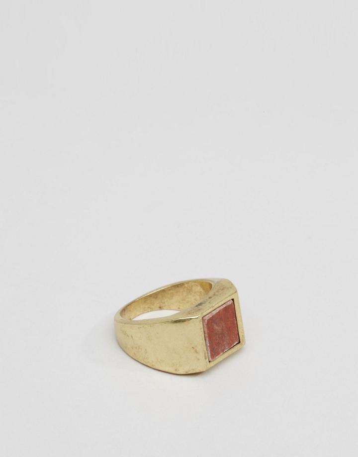 Asos Signet Ring In Burnished Gold With Red Stone - Gold