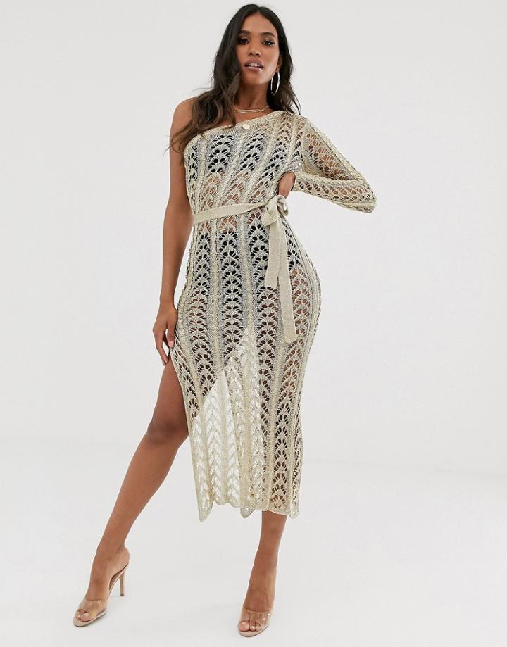 Sorelle Uk One Shoulder Knitted Shimmer Midaxi Dress In Gold