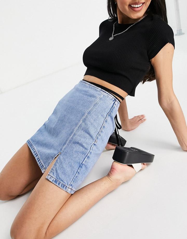Pull & Bear Denim A-line Mini Skirt With Slit Detail In Blue-blues