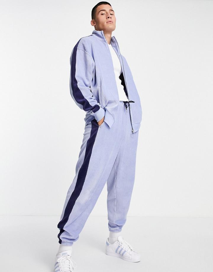 Asos Design Set Oversized Ribbed Blue Velour Track Jacket With Side Stripe-blues