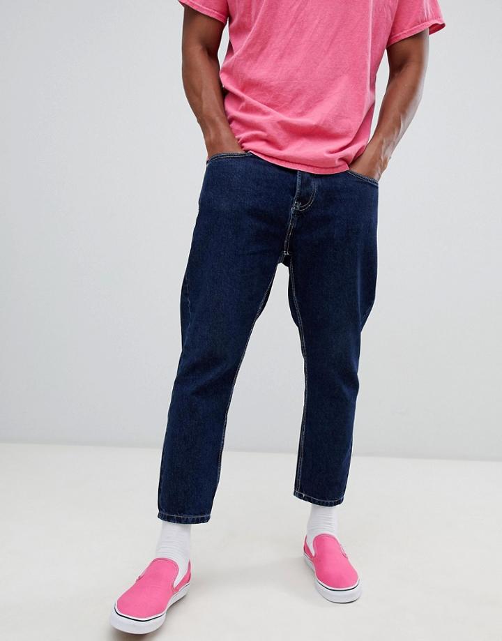 Bershka Slim Fit Cropped Jeans In Mid Blue With Shoe Lace Belt - Blue