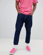 Bershka Slim Fit Cropped Jeans In Mid Blue With Shoe Lace Belt - Blue