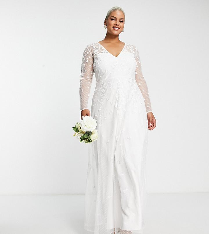 Asos Edition Curve Holly Embroidered V Neck Wedding Dress-white