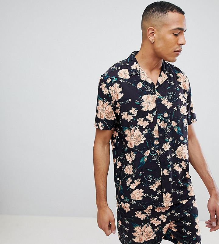 Asos Design Tall Oversized Two-piece Floral Shirt In Black - Black