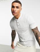 Asos Design T-shirt With Granddad Button Collar And Panel Detail In Light Blue-blues