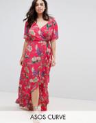 Asos Curve Maxi Tea Dress With Ruffle Detail In Floral Print - Multi