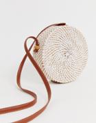 Asos Design Structured Rattan Circle Bag With White Weave - White