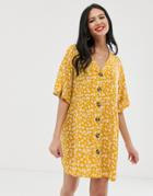 Asos Design V Neck Button Through Mini Smock Dress In Mustard Floral Print - Multi